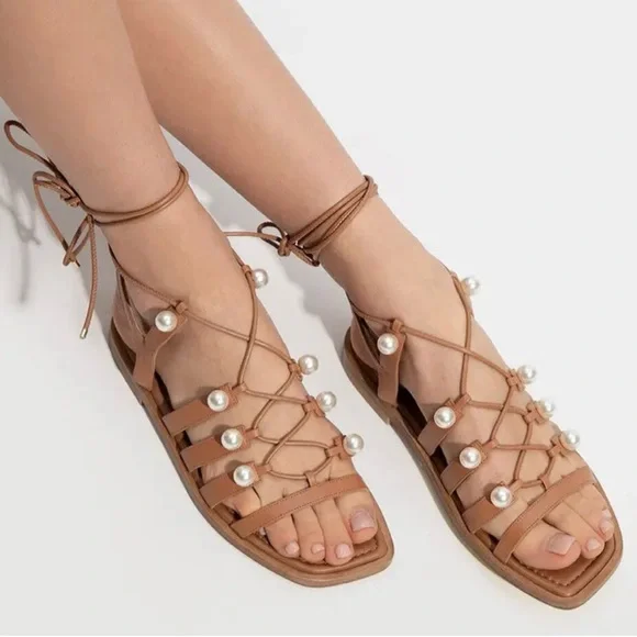 Stuart Weitzman Goldie Lace-Up Pearl Embellished Sandal Size 10AA - Picture 2 of 12